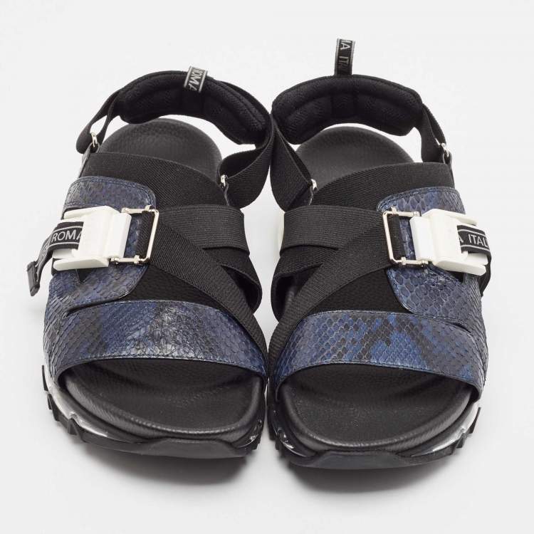 Pre Owned Fendi Blue/Black Python and Canvas Flat Sandals Size 43