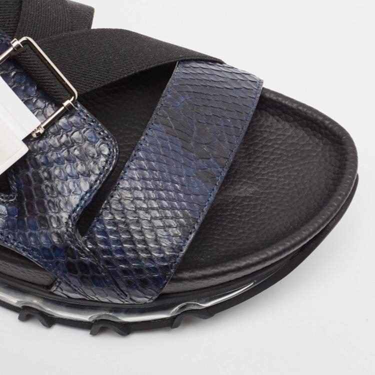 Pre Owned Fendi Blue/Black Python and Canvas Flat Sandals Size 43