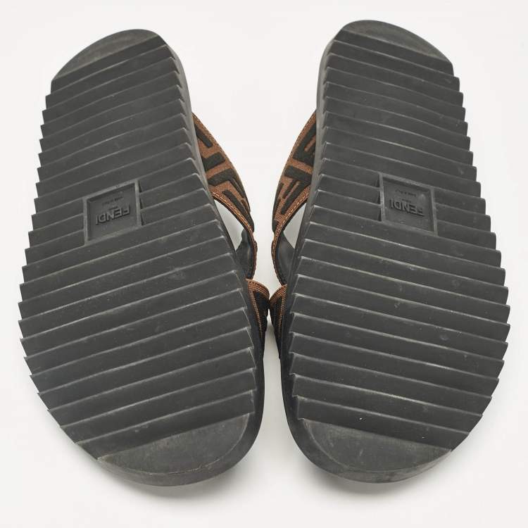 Pre Owned Fendi Brown/Black Zucca Canvas Cross Strap Slides Size 44