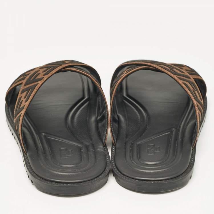 Pre Owned Fendi Brown/Black Zucca Canvas Cross Strap Slides Size 44