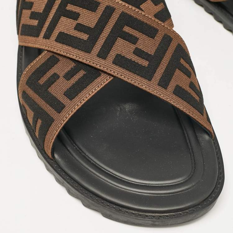 Pre Owned Fendi Brown/Black Zucca Canvas Cross Strap Slides Size 44