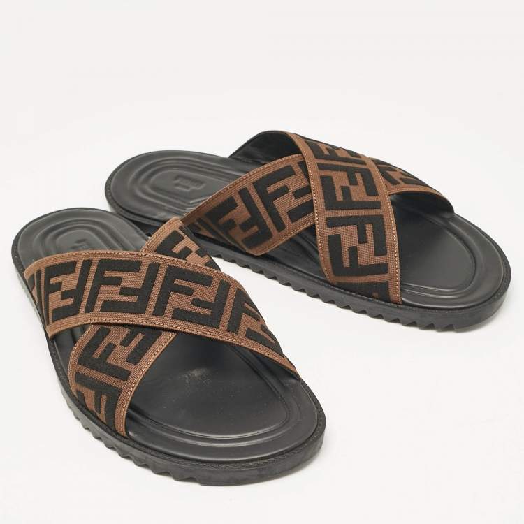 Pre Owned Fendi Brown/Black Zucca Canvas Cross Strap Slides Size 44