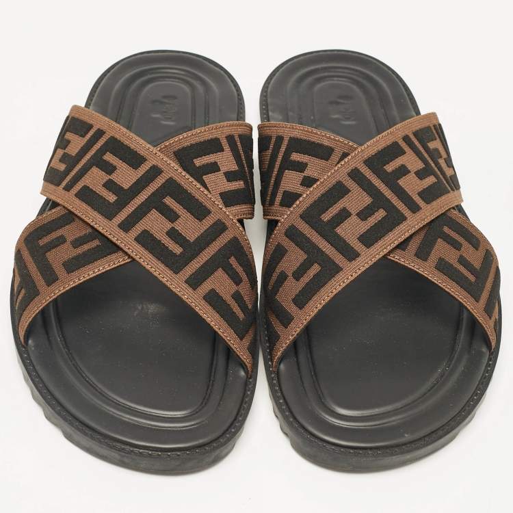 Pre Owned Fendi Brown/Black Zucca Canvas Cross Strap Slides Size 44