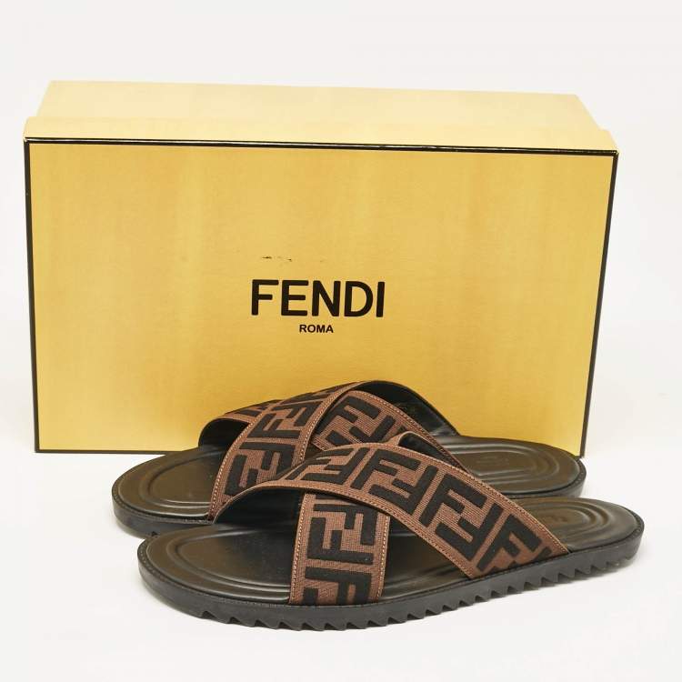 Pre Owned Fendi Brown/Black Zucca Canvas Cross Strap Slides Size 44