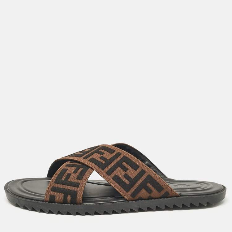 Pre Owned Fendi Brown/Black Zucca Canvas Cross Strap Slides Size 44