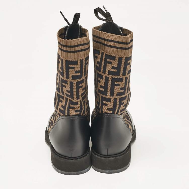Pre Owned Fendi Black/Brown Fabric and Leather Rockoko Combat Boots Size 41