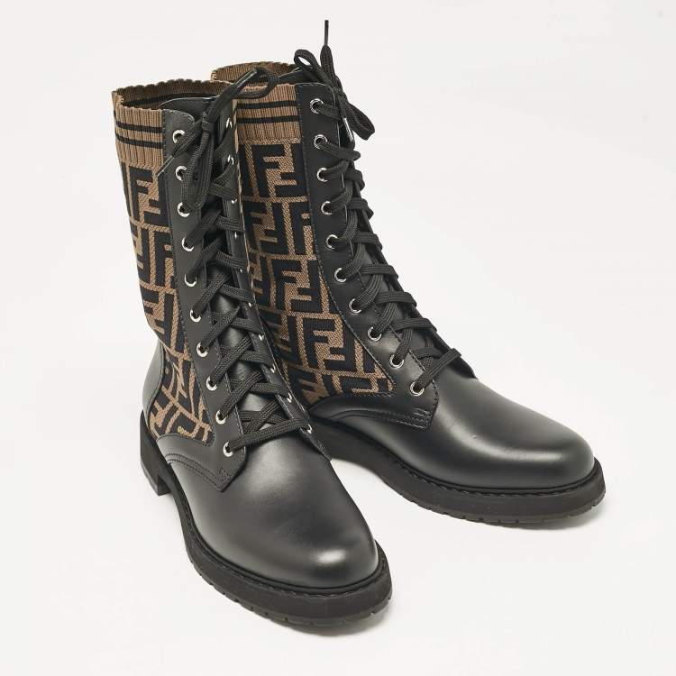 Pre Owned Fendi Black/Brown Fabric and Leather Rockoko Combat Boots Size 41