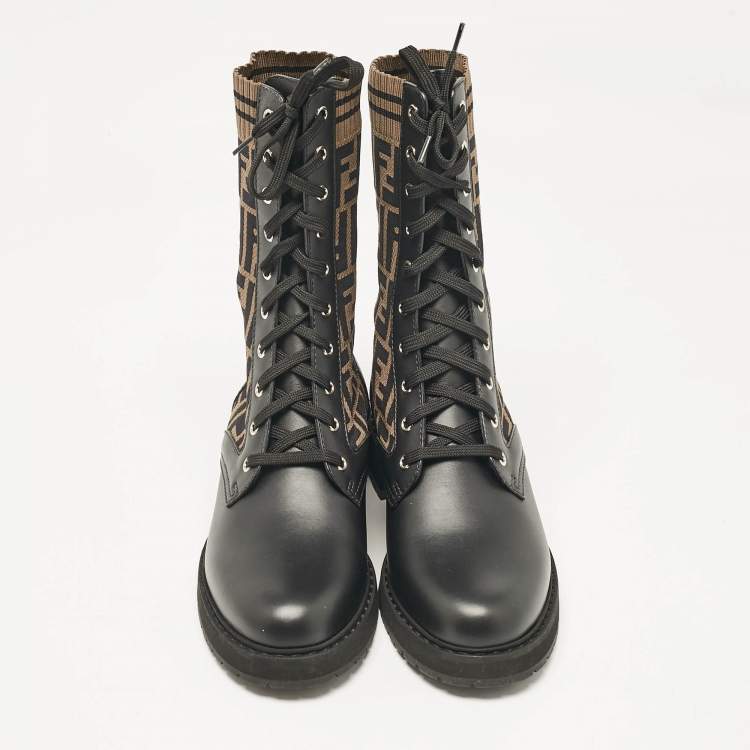 Pre Owned Fendi Black/Brown Fabric and Leather Rockoko Combat Boots Size 41