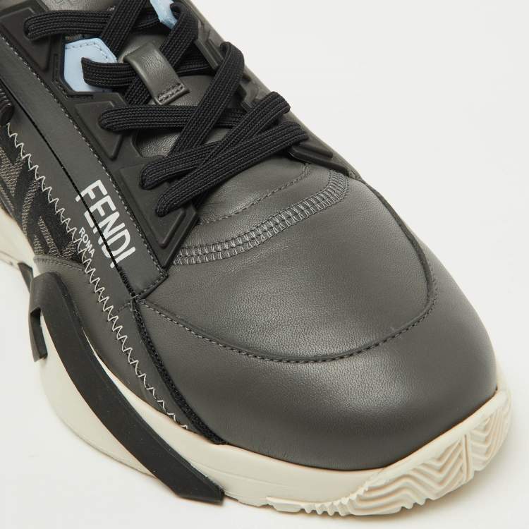 Pre Owned Fendi Grey/Black Leather and Fabric Flow Low Top Sneakers Size 42