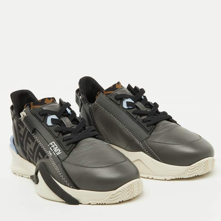 Pre Owned Fendi Grey/Black Leather and Fabric Flow Low Top Sneakers Size 42