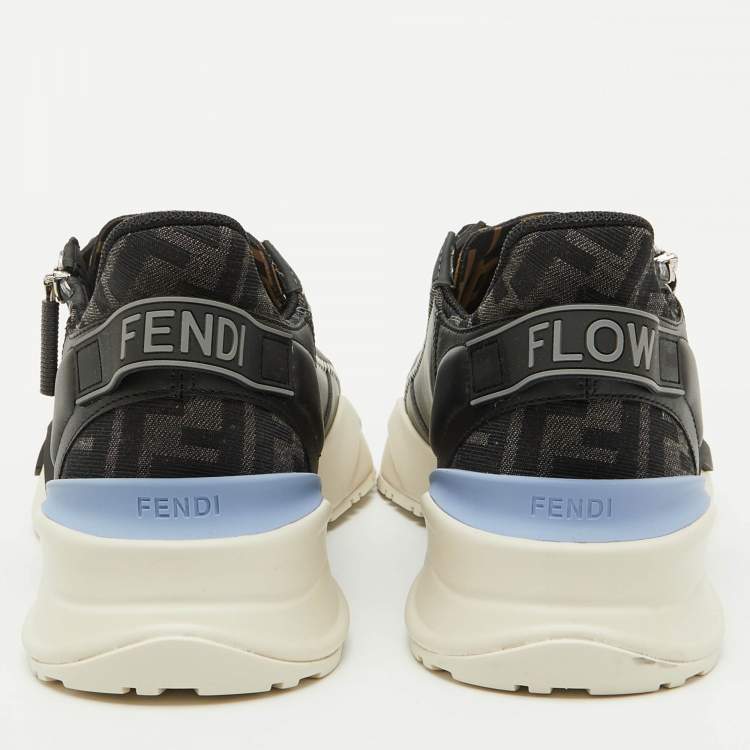 Pre Owned Fendi Grey/Black Leather and Fabric Flow Low Top Sneakers Size 42