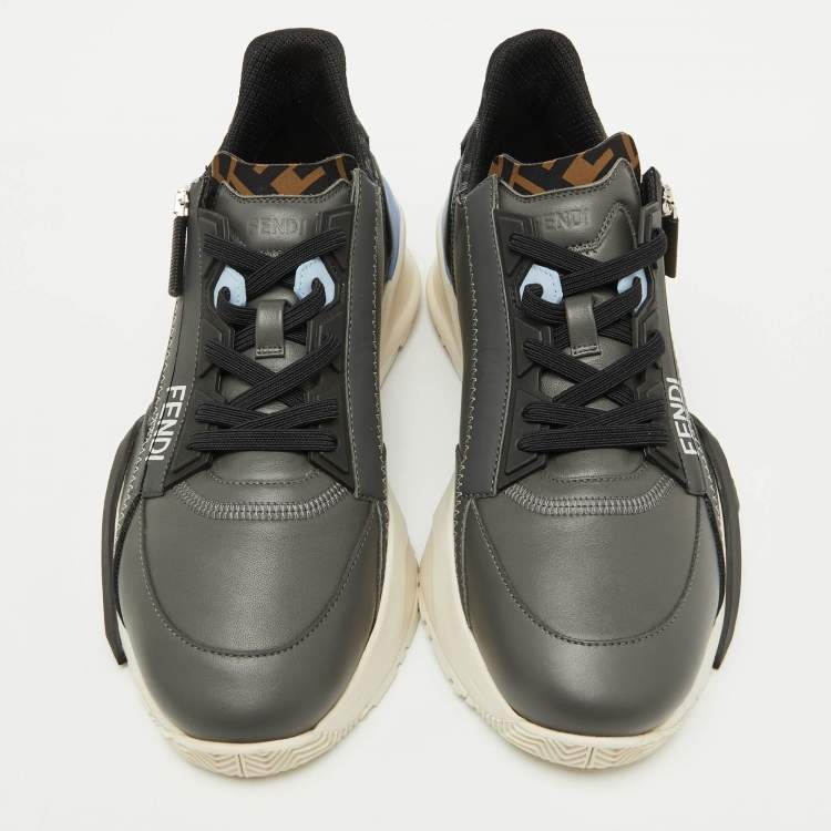 Pre Owned Fendi Grey/Black Leather and Fabric Flow Low Top Sneakers Size 42