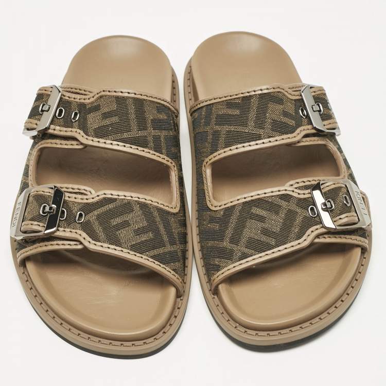 Pre Owned Fendi Brown Zucca Canvas and Leather Feel Sandals Size 41