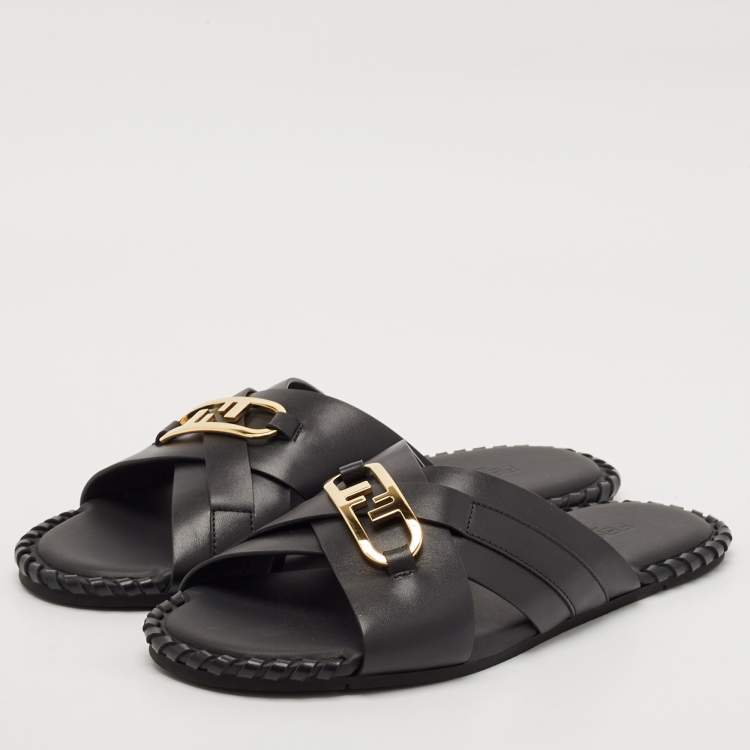 Pre Owned Fendi Black Leather O'Lock Flat Slides Size 41