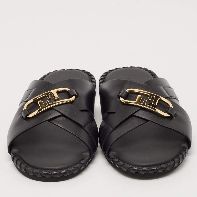 Pre Owned Fendi Black Leather O'Lock Flat Slides Size 41