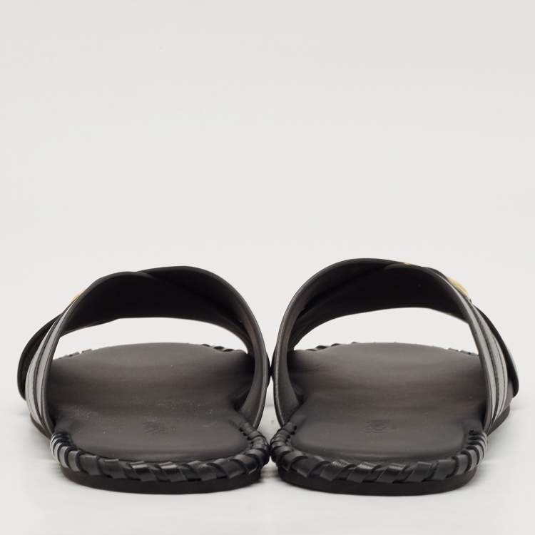 Pre Owned Fendi Black Leather O'Lock Flat Slides Size 41