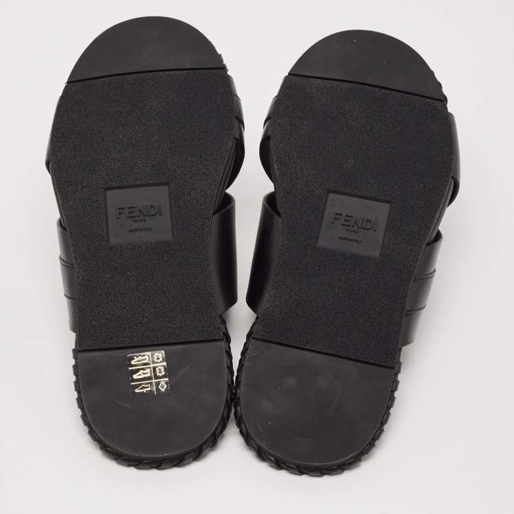 Pre Owned Fendi Black Leather O'Lock Flat Slides Size 41