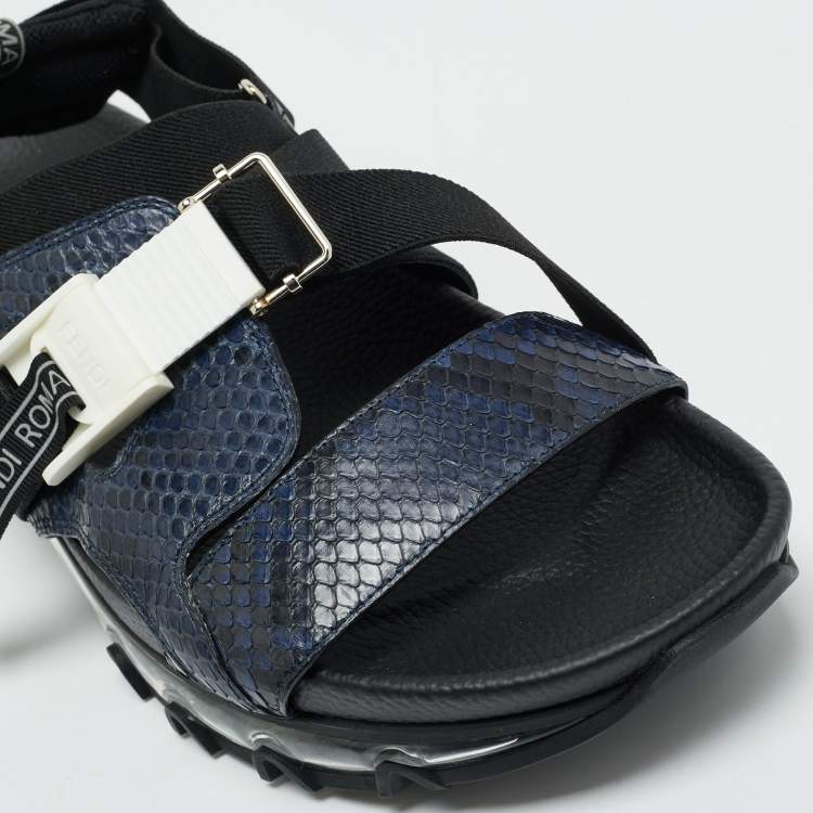 Pre Owned Fendi Navy Blue/Black Python and Elastic Strap Flat Sandals Size 45