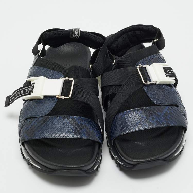 Pre Owned Fendi Navy Blue/Black Python and Elastic Strap Flat Sandals Size 45