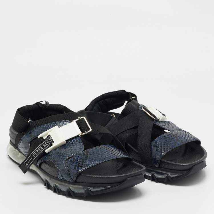 Pre Owned Fendi Navy Blue/Black Python and Elastic Strap Flat Sandals Size 45