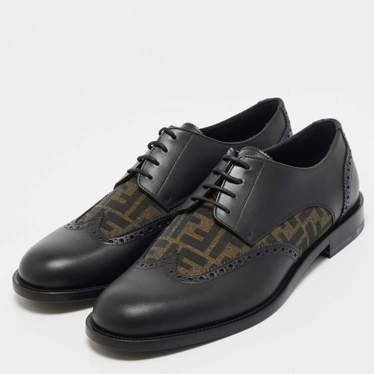 Pre Owned Fendi Black/Tobacco Zucca Canvas and Leather Lace Up Derby Size 44