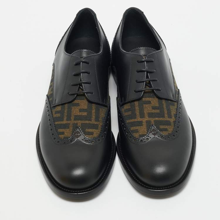 Pre Owned Fendi Black/Tobacco Zucca Canvas and Leather Lace Up Derby Size 44