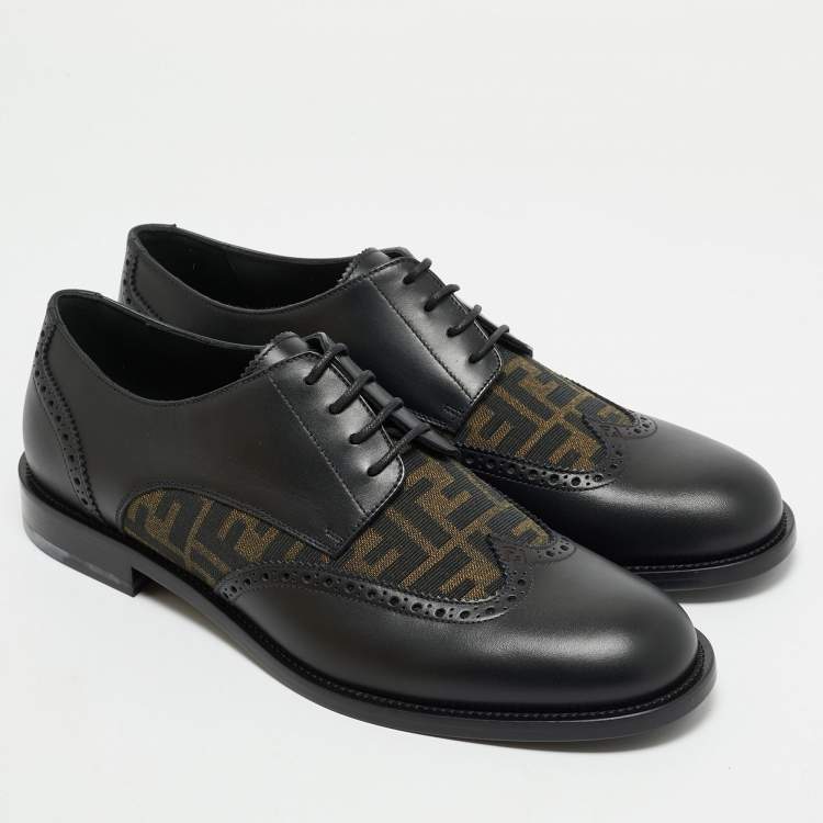 Pre Owned Fendi Black/Tobacco Zucca Canvas and Leather Lace Up Derby Size 44