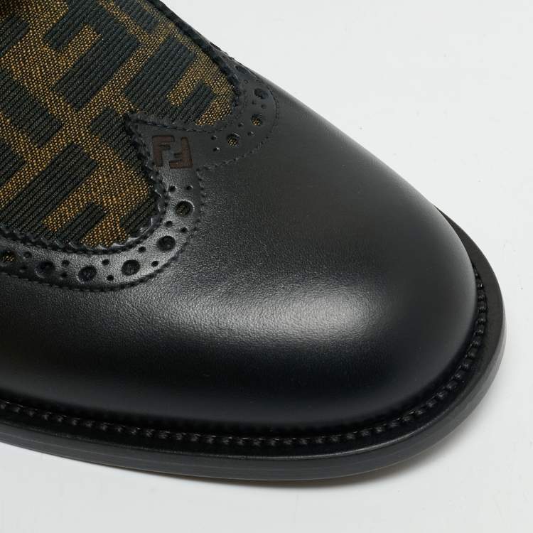 Pre Owned Fendi Black/Tobacco Zucca Canvas and Leather Lace Up Derby Size 44