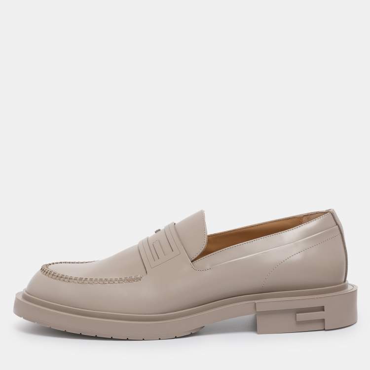 Pre Owned Fendi Grey Leather Frame Slip On Loafers 44