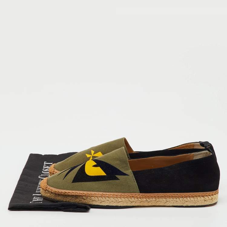 Pre Owned Fendi Black/Green Suede and Canvas Bag Bugs Monster Espadrille Flats Size 45