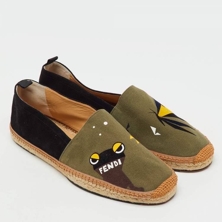 Pre Owned Fendi Black/Green Suede and Canvas Bag Bugs Monster Espadrille Flats Size 45