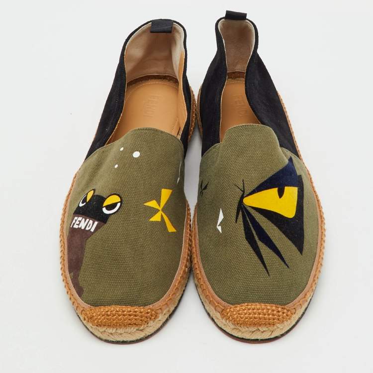 Pre Owned Fendi Black/Green Suede and Canvas Bag Bugs Monster Espadrille Flats Size 45