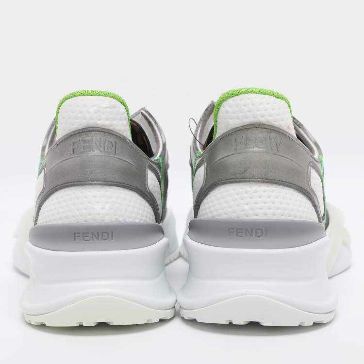 Pre Owned Fendi Grey/Green Fabric and Rubber Flow Low Top Sneakers Size 44