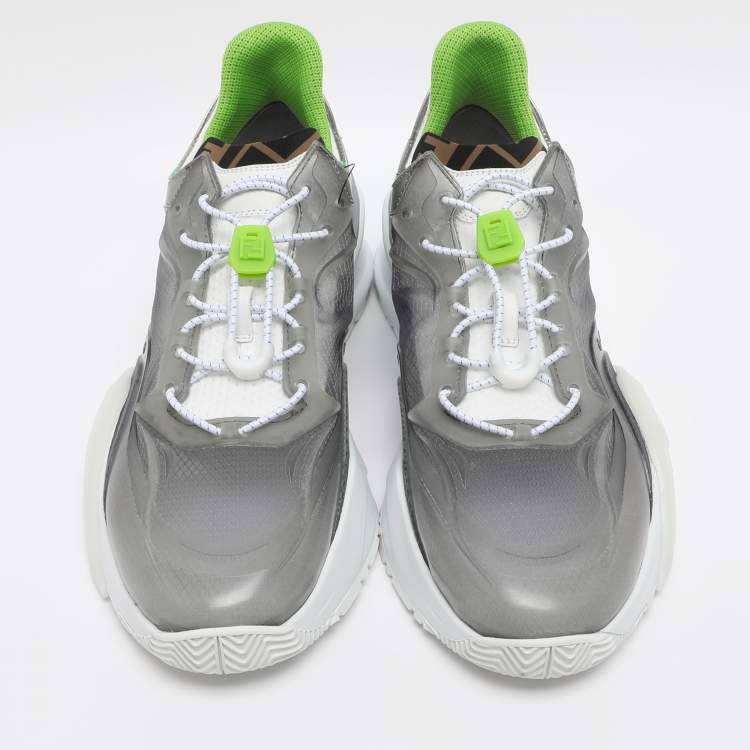 Pre Owned Fendi Grey/Green Fabric and Rubber Flow Low Top Sneakers Size 44