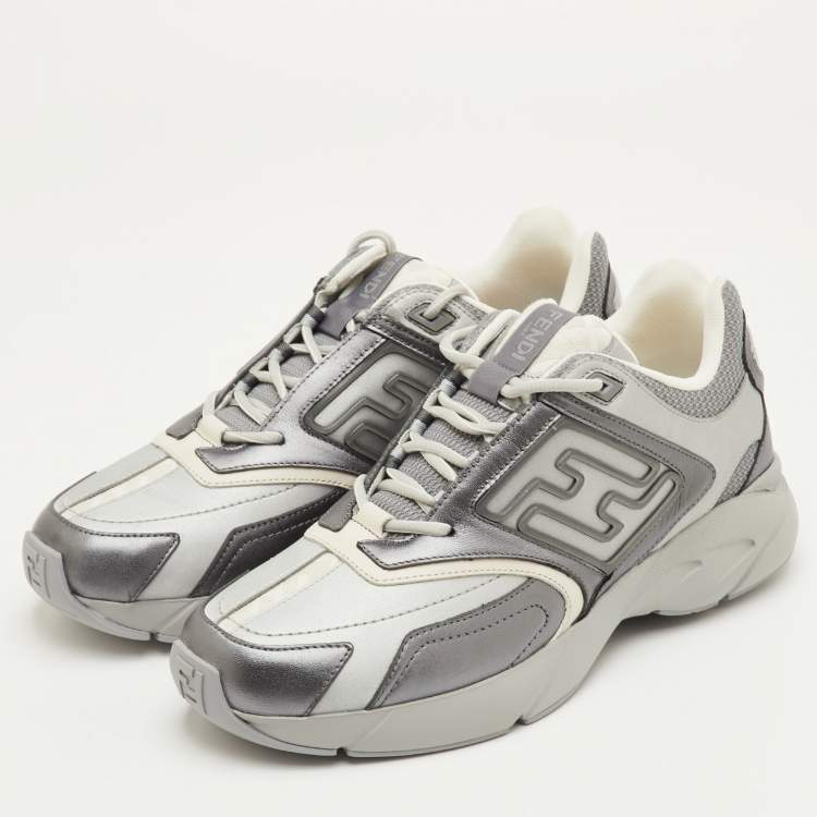 Pre Owned Fendi Faster Size 42 Grey Leather and Mesh Low Top Sneakers