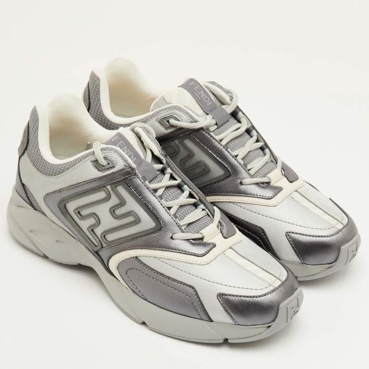Pre Owned Fendi Faster Size 42 Grey Leather and Mesh Low Top Sneakers