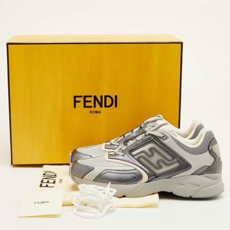 Pre Owned Fendi Faster Size 42 Grey Leather and Mesh Low Top Sneakers