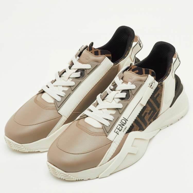 Pre Owned Fendi Faster Size 42 Beige/Tobacco Zucca Canvas and Leather Low Top Sneakers