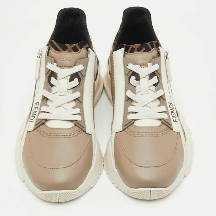 Pre Owned Fendi Faster Size 42 Beige/Tobacco Zucca Canvas and Leather Low Top Sneakers
