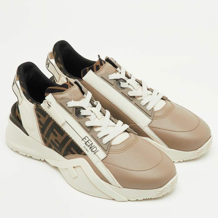 Pre Owned Fendi Faster Size 42 Beige/Tobacco Zucca Canvas and Leather Low Top Sneakers