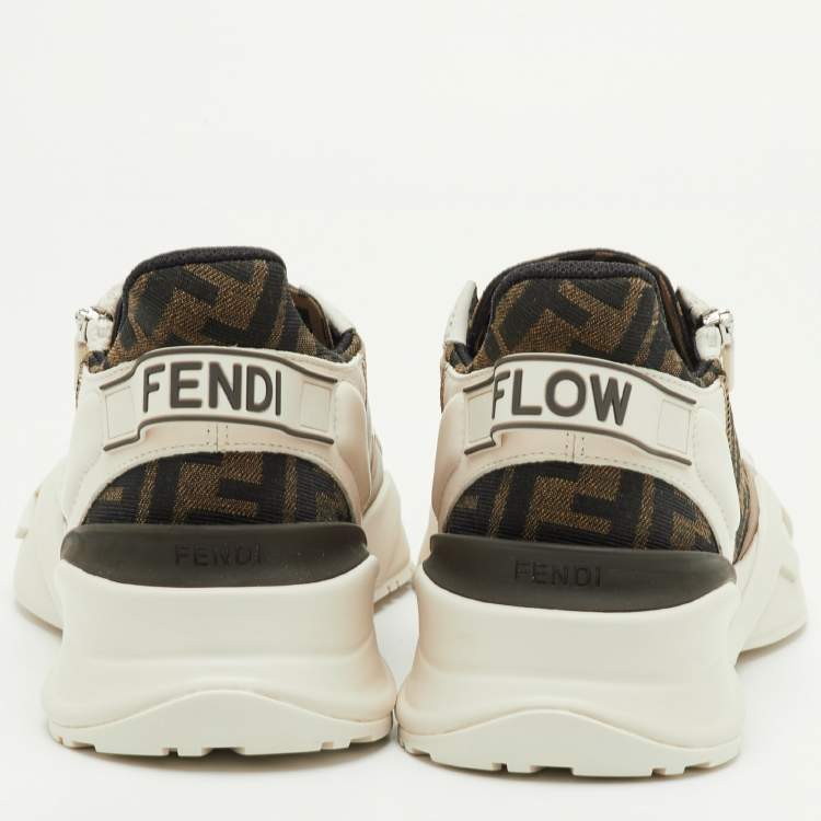 Pre Owned Fendi Faster Size 42 Beige/Tobacco Zucca Canvas and Leather Low Top Sneakers