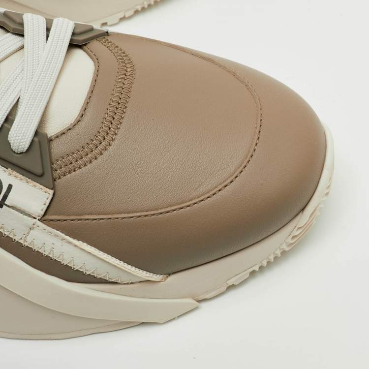 Pre Owned Fendi Faster Size 42 Beige/Tobacco Zucca Canvas and Leather Low Top Sneakers