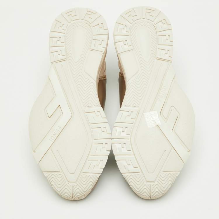 Pre Owned Fendi Faster Size 42 Beige/Tobacco Zucca Canvas and Leather Low Top Sneakers