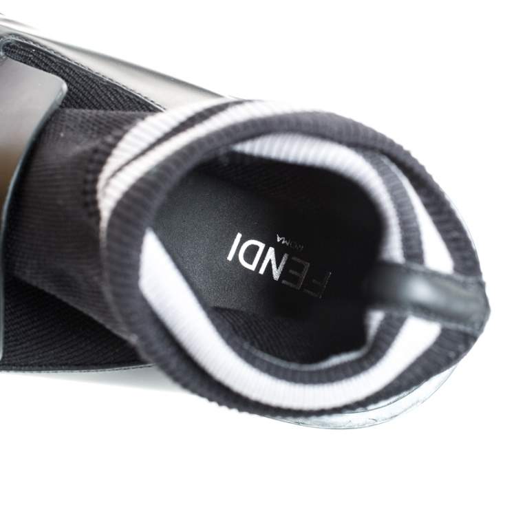 Pre Owned  Fendi Black Knit Fabric And Leather High Top Sock Penny Loafers Size 44