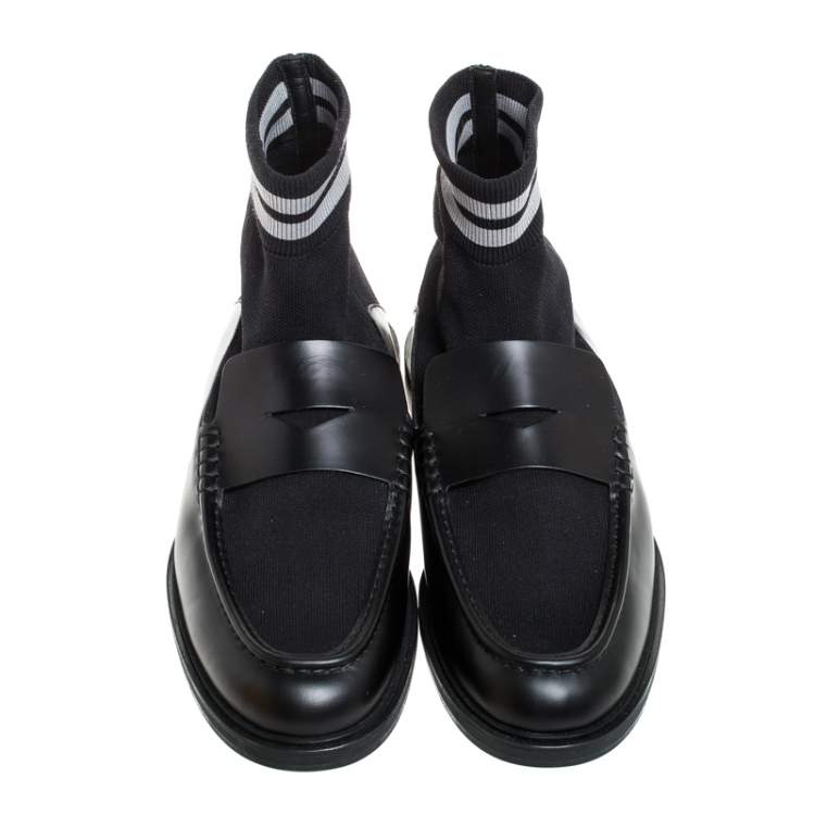 Pre Owned  Fendi Black Knit Fabric And Leather High Top Sock Penny Loafers Size 44