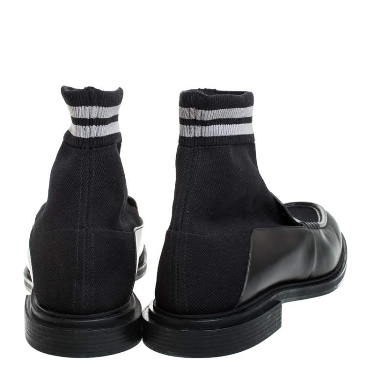 Pre Owned  Fendi Black Knit Fabric And Leather High Top Sock Penny Loafers Size 44