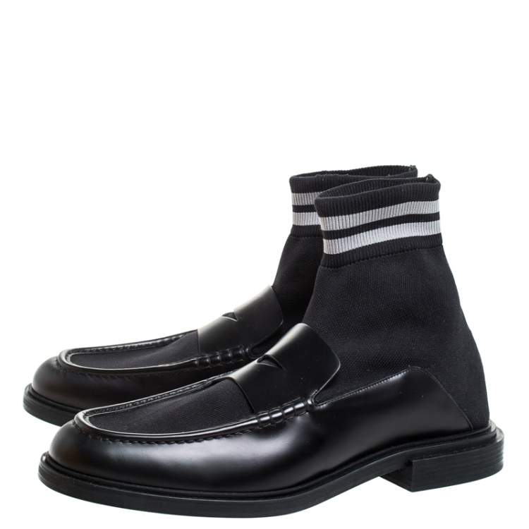 Pre Owned  Fendi Black Knit Fabric And Leather High Top Sock Penny Loafers Size 44