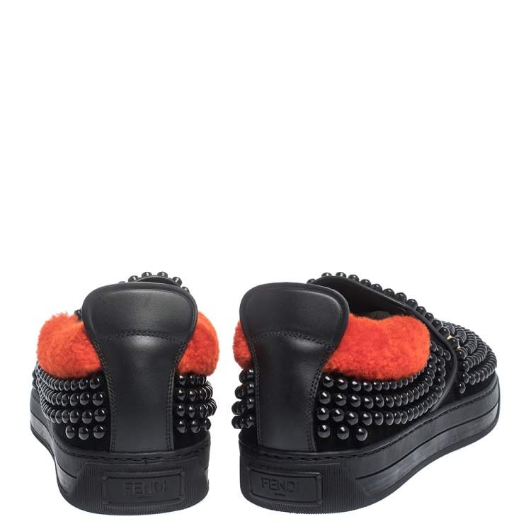 Pre Owned Fendi Black/Red Studded Suede and Leather Monster Slip On Sneakers Size 39