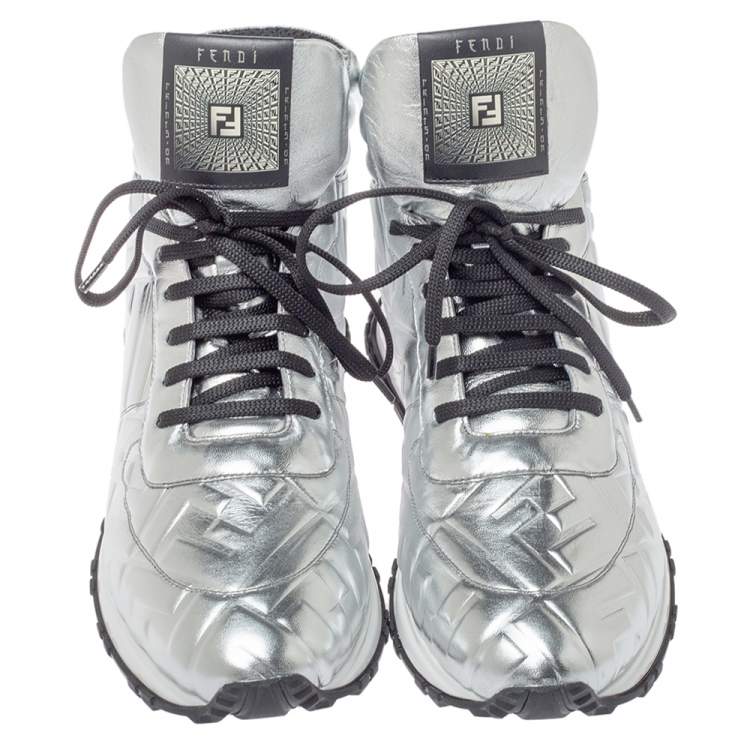 Pre Owned Fendi Silver Leather FFreedom High Top Sneakers Size 43