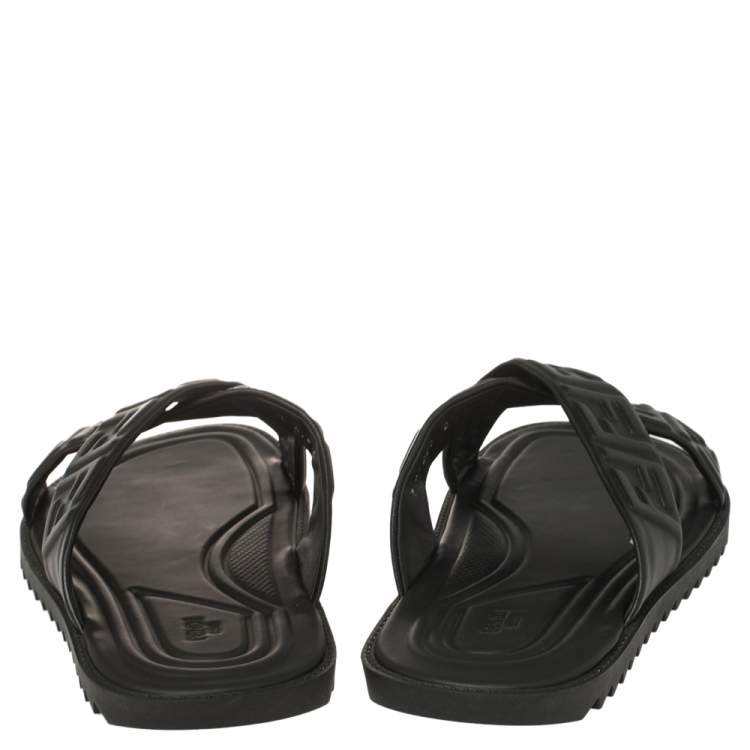 Pre Owned Fendi Black Leather Embossed FF Logo Flat Sandals Size 42
